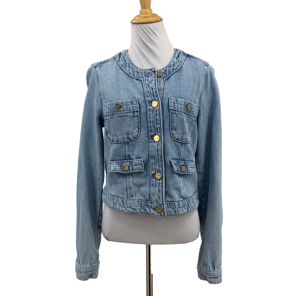 Paige Jacket Womens S Small Blue Kiya Crop Denim Collarless Multi Pockets Jean